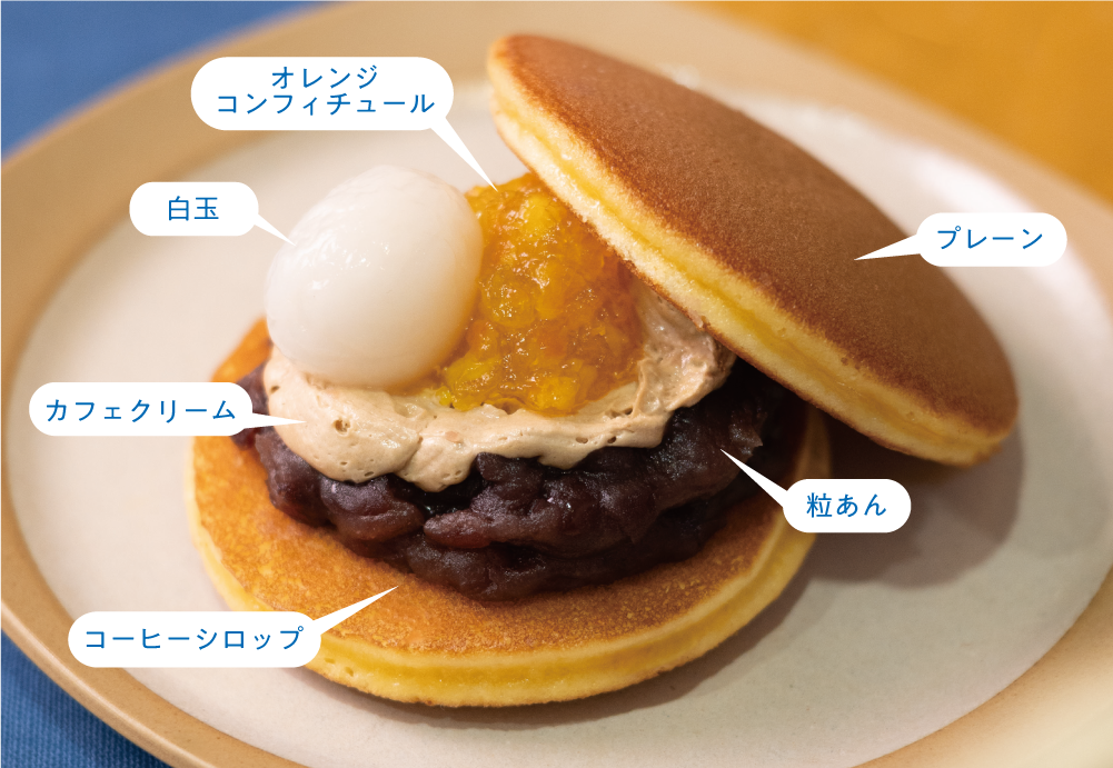 ハーベストムーン：プレーン＆粒あん、オレンジコンフィチュール、カフェクリーム、白玉、コーヒーシロップを使ったどらやき